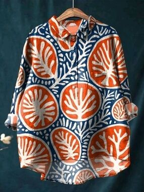 Cotton Bold Coral & Navy Print Button-Up Shirt